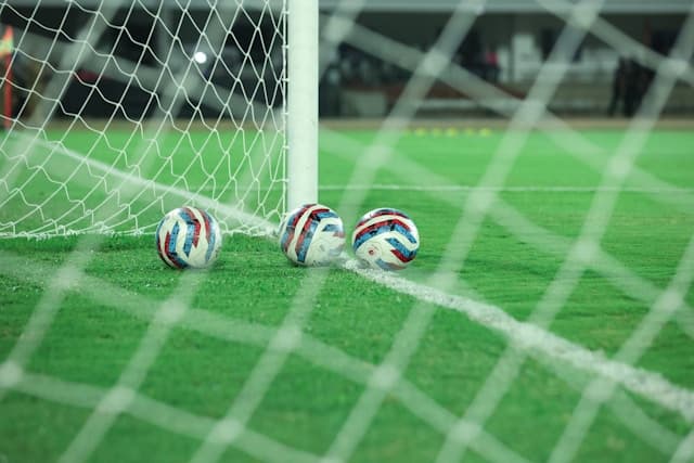 Soccer balls resting against the goal net